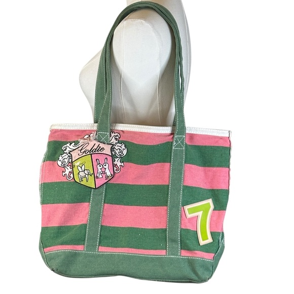 Goldie Pink and Green Canvas Striped Tote Made With Love - Picture 1 of 13